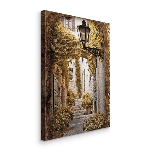 Tableau  Un charmant escalier au milieu d'une rue pavée bordée de plantes