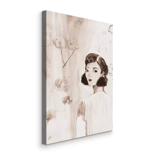 Tableau  Un élégant croquis d'une femme entourée de fleurs.