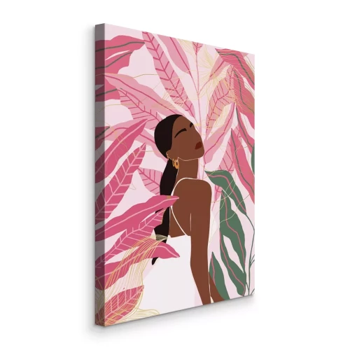 Tableau  Portrait d'une femme en robe blanche avec des feuilles roses en arrière-plan