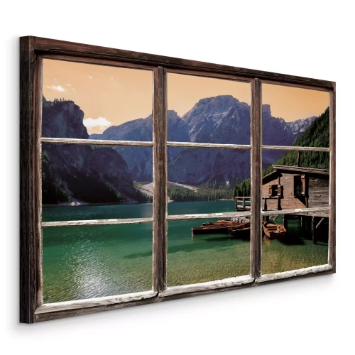 Tableau  Jetée en bois et bateaux sur fond de montagnes