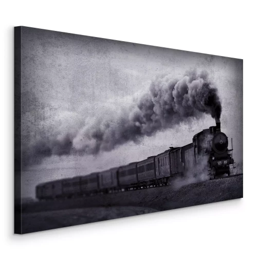 Tableau  Une locomotive à vapeur fendant les paysages gris