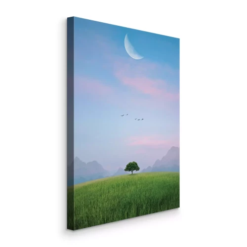 Tableau  Champs et montagnes avec un arbre au clair de lune