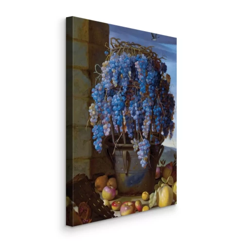 Tableau  Un seau en métal rempli de raisins entouré de pommes