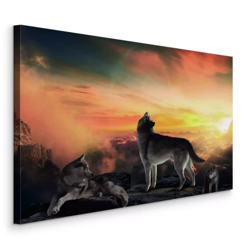 Tableau  Des loups au sommet d'une montagne au coucher du soleil