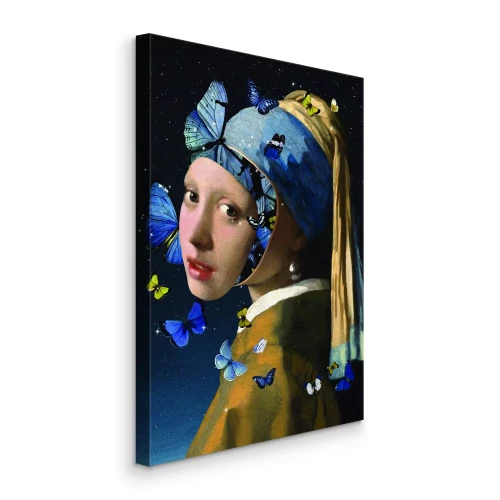 Tableau  La jeune fille à la perle dans une composition surréaliste avec des papillons