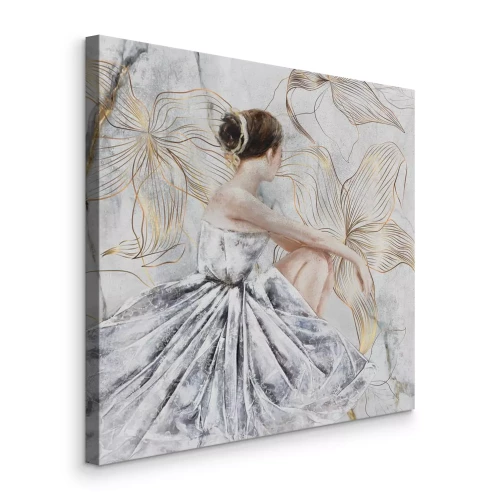 Tableau  Une femme en robe de ballet sur fond de fleurs dorées