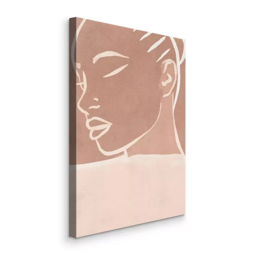 Tableau  Un dessin minimaliste représentant le visage d'une femme sur un fond aux tons chauds.