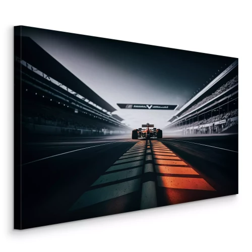 Tableau  La voiture est prête à démarrer, entourée des tribunes.