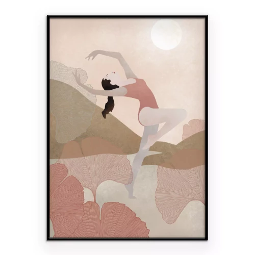 Poster  Une danseuse gracieuse se détachant sur le fond des montagnes et du soleil