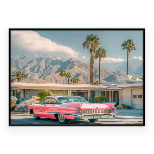 Poster  Voiture rétro avec les montagnes Rocheuses en arrière-plan