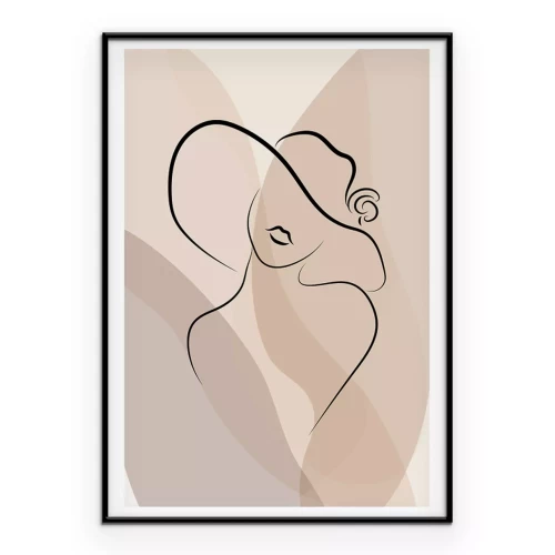 Poster  Un croquis linéaire subtil de la silhouette d'une femme portant un chapeau.