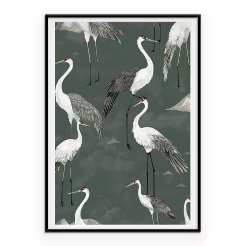 Poster  Grues blanches symboliques sur fond vert de nature