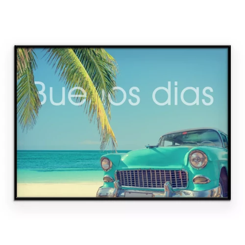 Poster  Voiture rétro et plage des Caraïbes avec palmiers