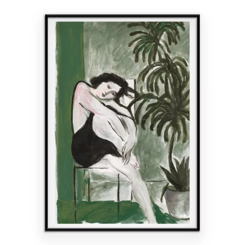 Poster  Portrait de femme en vert peint sur fond naturel
