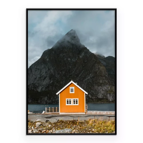 Poster  Une maison orange au milieu des montagnes et de l'océan