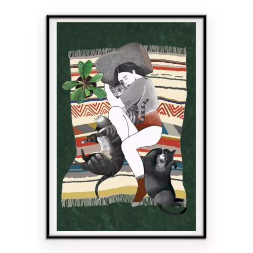 Poster  Femme avec des chats sur une couverture douce