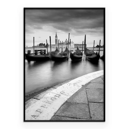 Poster  Venise en noir et blanc avec ses gondoles traditionnelles