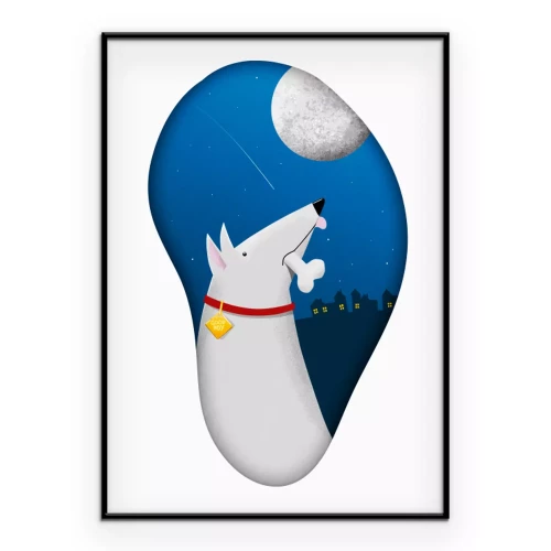 Poster  Illustration d'un chien la nuit avec une grande lune
