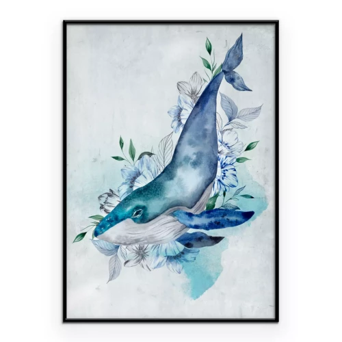 Poster  Illustration à l'aquarelle d'une baleine parmi les fleurs