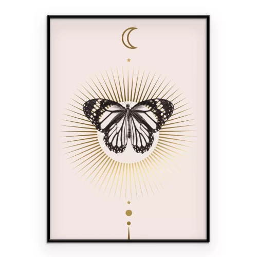 Poster  Un papillon dans une composition géométrique avec un croissant de lune