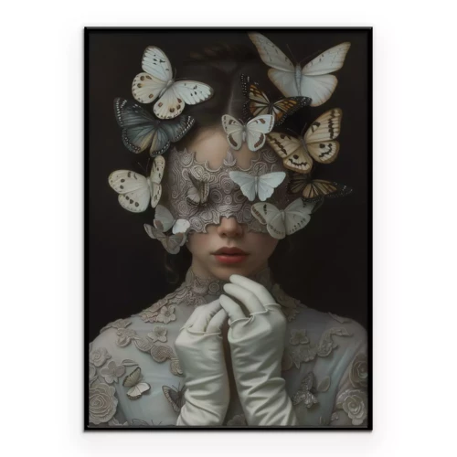 Poster  Portrait d'une femme parmi des papillons blancs et beiges