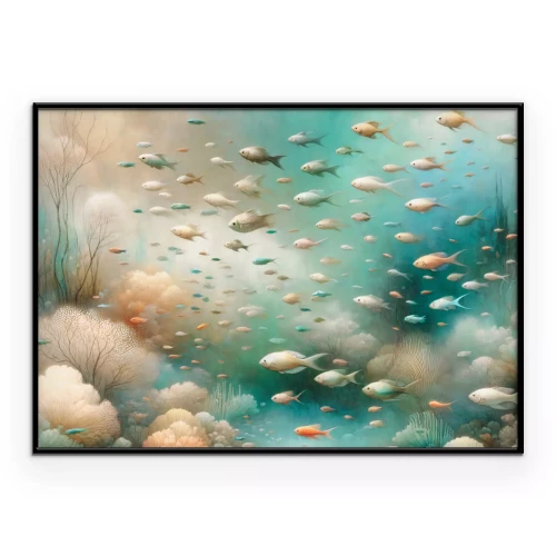 Poster  Récif corallien aux teintes pastel et poissons dans l'océan