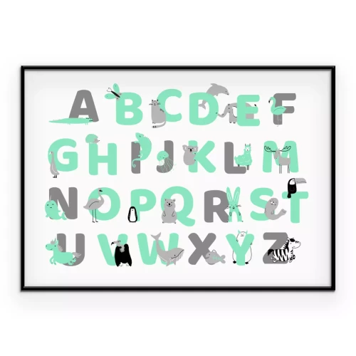 Poster  Des animaux parmi des lettres vertes et grises