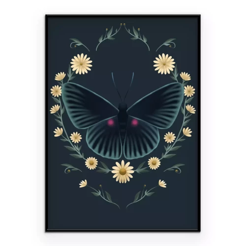 Poster  Papillon sombre dans un cadre floral