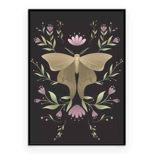 Poster  Papillon beige dans une composition florale symétrique