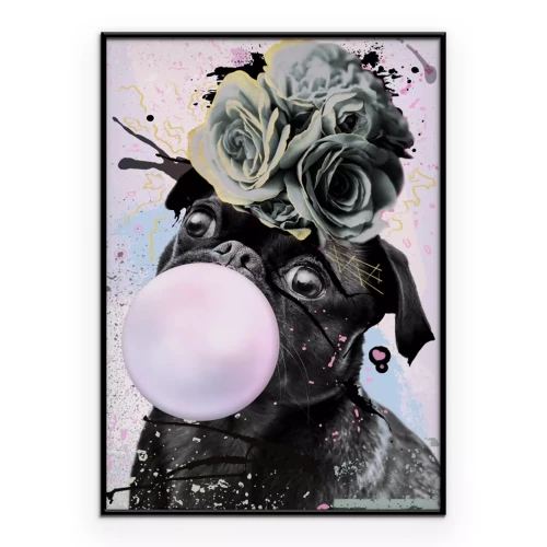 Poster  Carlin avec des roses rose bonbon et grises