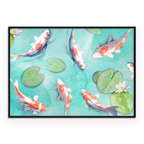 Poster  Illustration de carpes koï nageant dans un étang lumineux