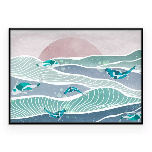 Poster  Motif japonais avec des carpes koï et des vagues