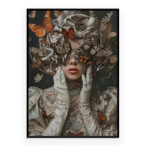 Poster  Une femme parmi des papillons dans une composition artistique