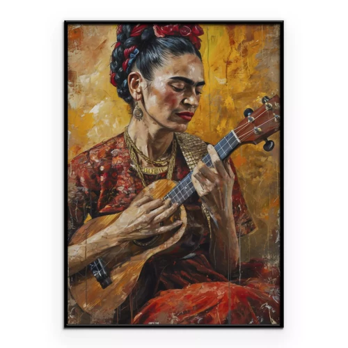 Poster  Portrait de Frida Kahlo avec un ukulélé sur fond jaune