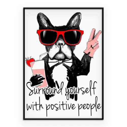 Poster  Bouledogue humoristique avec des lunettes et un cocktail