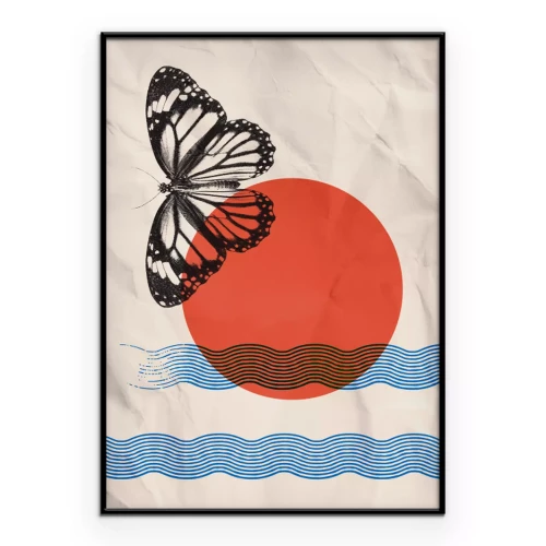 Poster  Un papillon noir sur un fond de vagues et de soleil rouge.