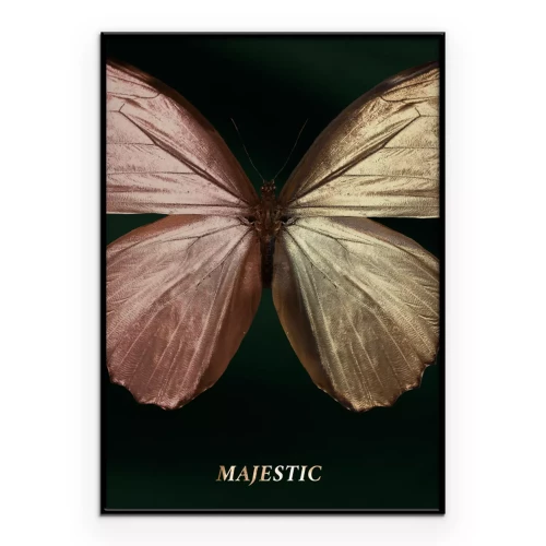 Poster  Un papillon rose et or avec le mot Majestueux inscrit dessus
