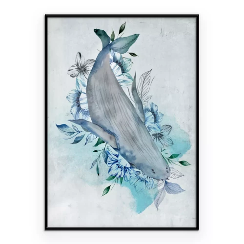 Poster  Composition à l'aquarelle avec une baleine et des fleurs bleues