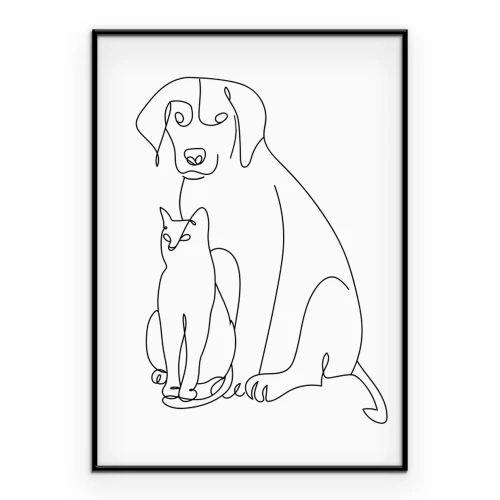 Poster  Illustration minimaliste au trait représentant un chien et un chat.