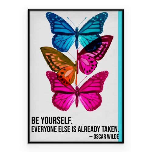 Poster  Des papillons colorés disposés verticalement et une citation