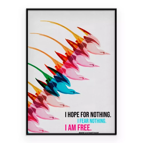 Poster  Une citation de Nikos Kazantzakis accompagnée de silhouettes d'oiseaux colorées