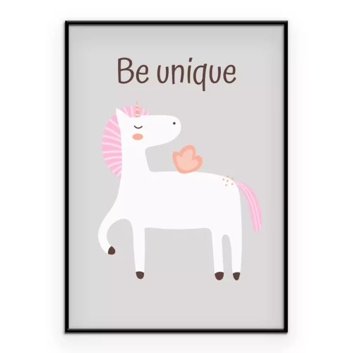 Poster  Illustration d'une licorne blanche avec le slogan « Sois unique »