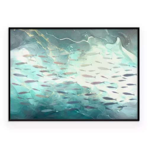 Poster  Motif abstrait marbré représentant un banc de poissons
