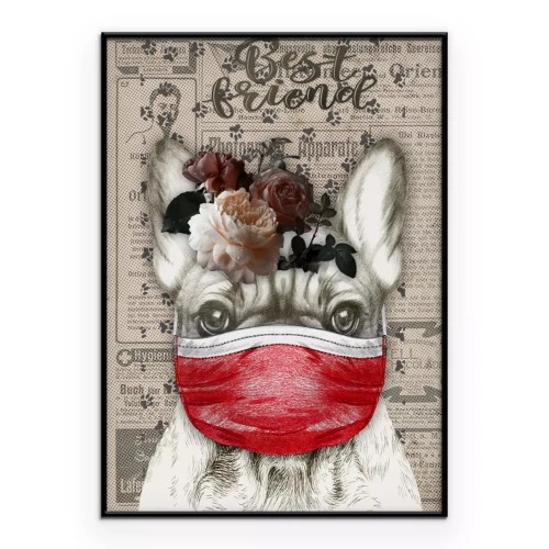 Poster  Un chien avec un masque et des roses sur la tête