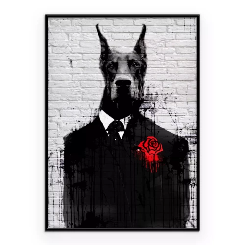 Poster  Portrait d'un doberman en costume noir sur fond de briques
