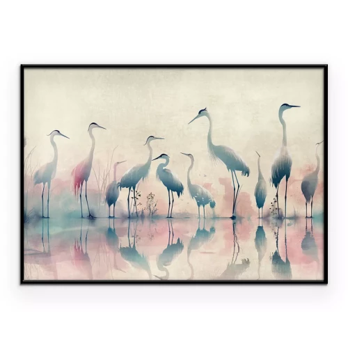 Poster  Birds by the Lake - herons painted in watercolor in a delicate, gray-pink palette