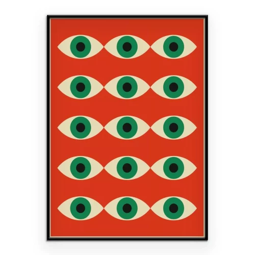 Poster  Abstraction inspirée du Bauhaus avec un œil vert sur fond rouge