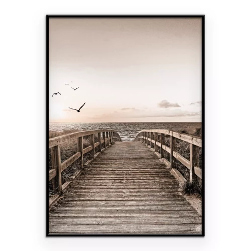 Poster  Pont en bois avec vue sur le coucher du soleil sur la mer