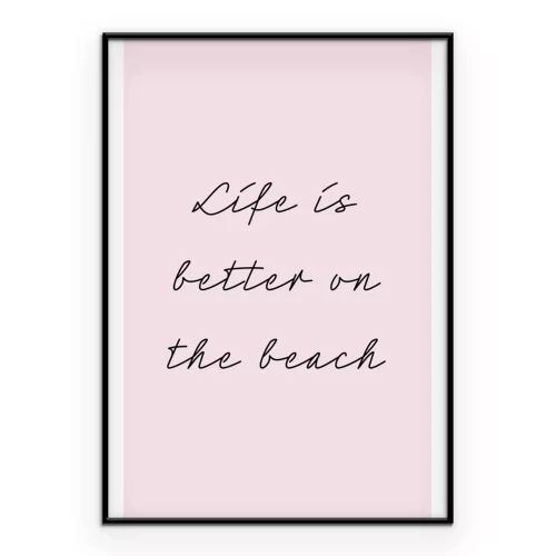 Poster  Vie à la plage citation sur fond rose