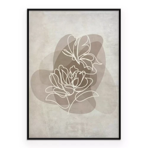 Poster  Fleurs blanches en style lineart sur fond beige aquarelle